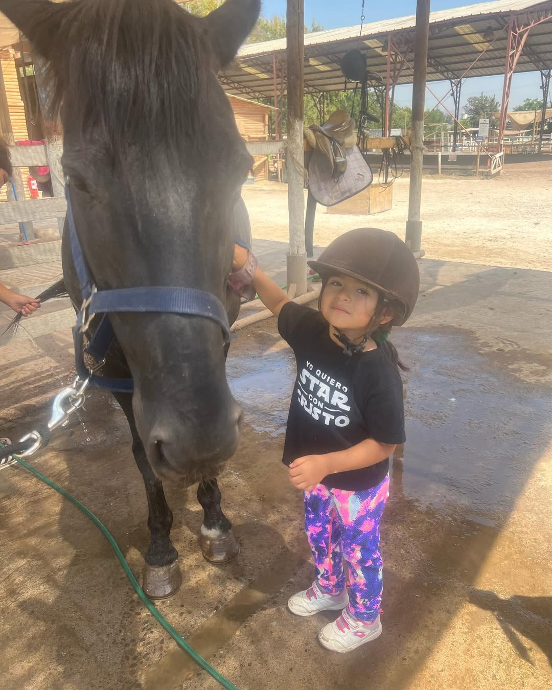 Niña pequeña interactuando y montando al caballo Calabaza en una clase de equitación inicial en Equicentro Maule.