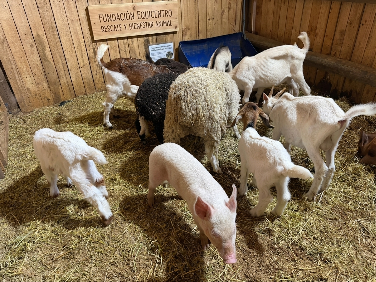 Un grupo de animales de granja rescatados, incluyendo chivos, cerdos y ovejas, interactuando en un corral de heno en Fundación Equicentro, Pencahue. La pared de madera muestra un letrero de 'Fundación Equicentro: Rescate y Bienestar Animal'.