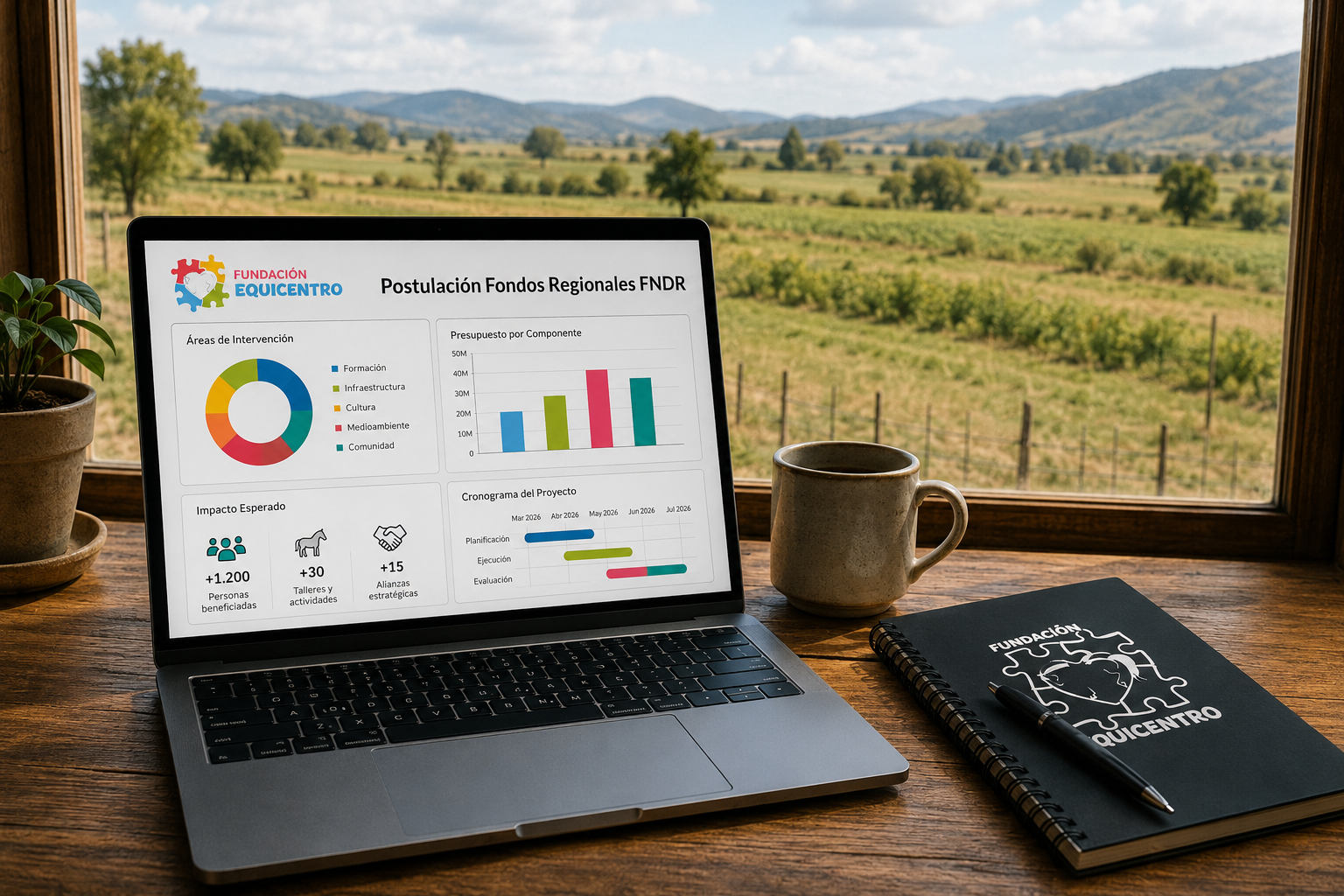 Computador portátil abierto mostrando gráficos de proyectos sobre un mesón de madera, con una ventana de fondo que da hacia los campos de Pencahue.
