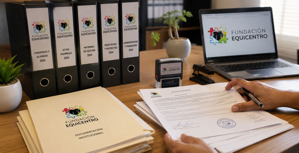 Documentos oficiales impresos y carpetas de la Fundación Equicentro sobre un escritorio de madera, representando el trabajo administrativo y legal en Pencahue.