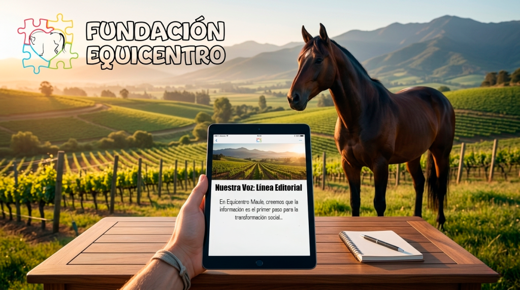 Paisaje del Maule con un caballo de fondo y un dispositivo digital mostrando la línea editorial de Fundación Equicentro.