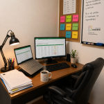Una mesa de trabajo llena de carpetas, un computador con planillas Excel abiertas y una taza de café humeante en la oficina de la Fundación Equicentro.