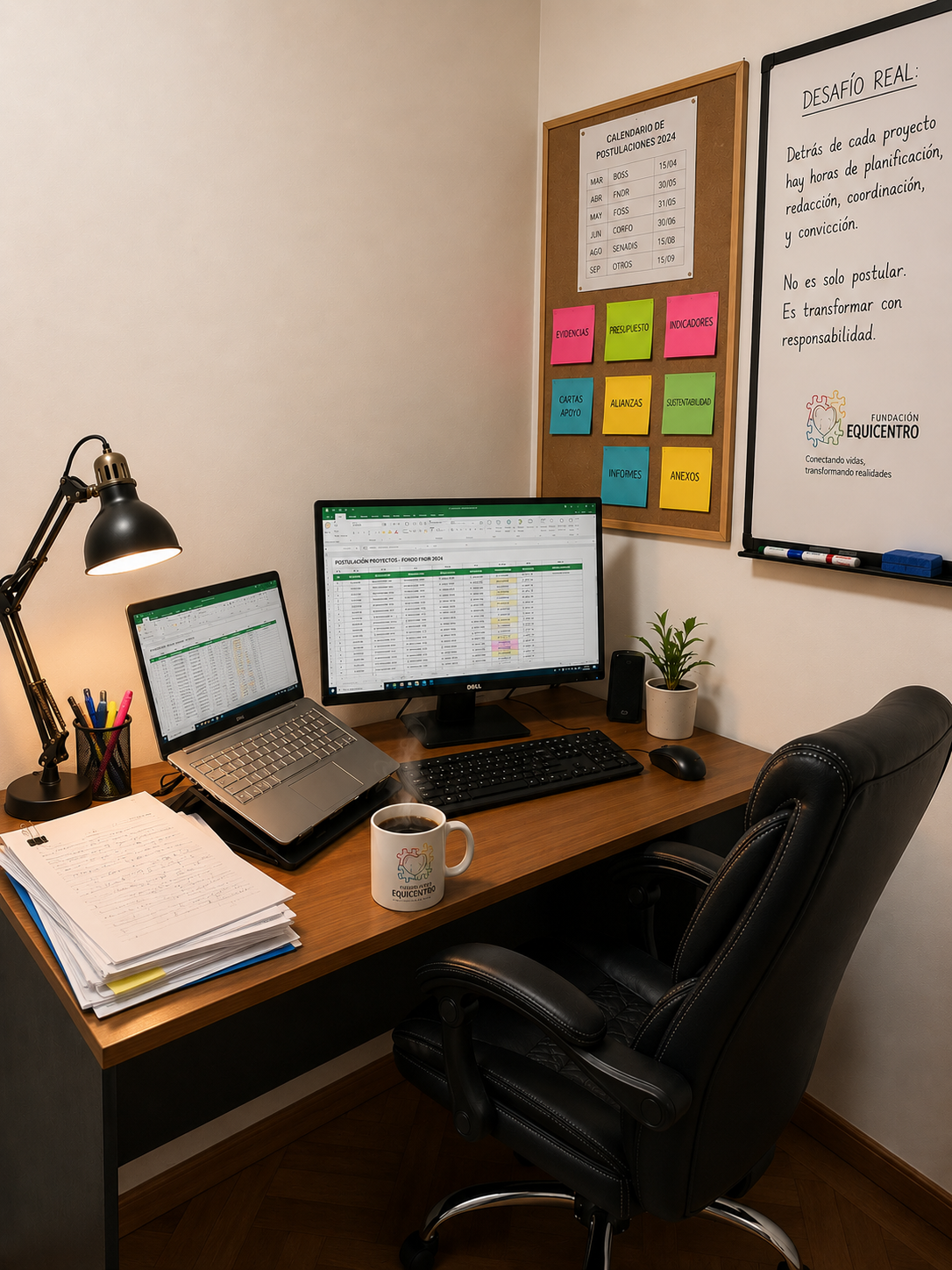 Una mesa de trabajo llena de carpetas, un computador con planillas Excel abiertas y una taza de café humeante en la oficina de la Fundación Equicentro.