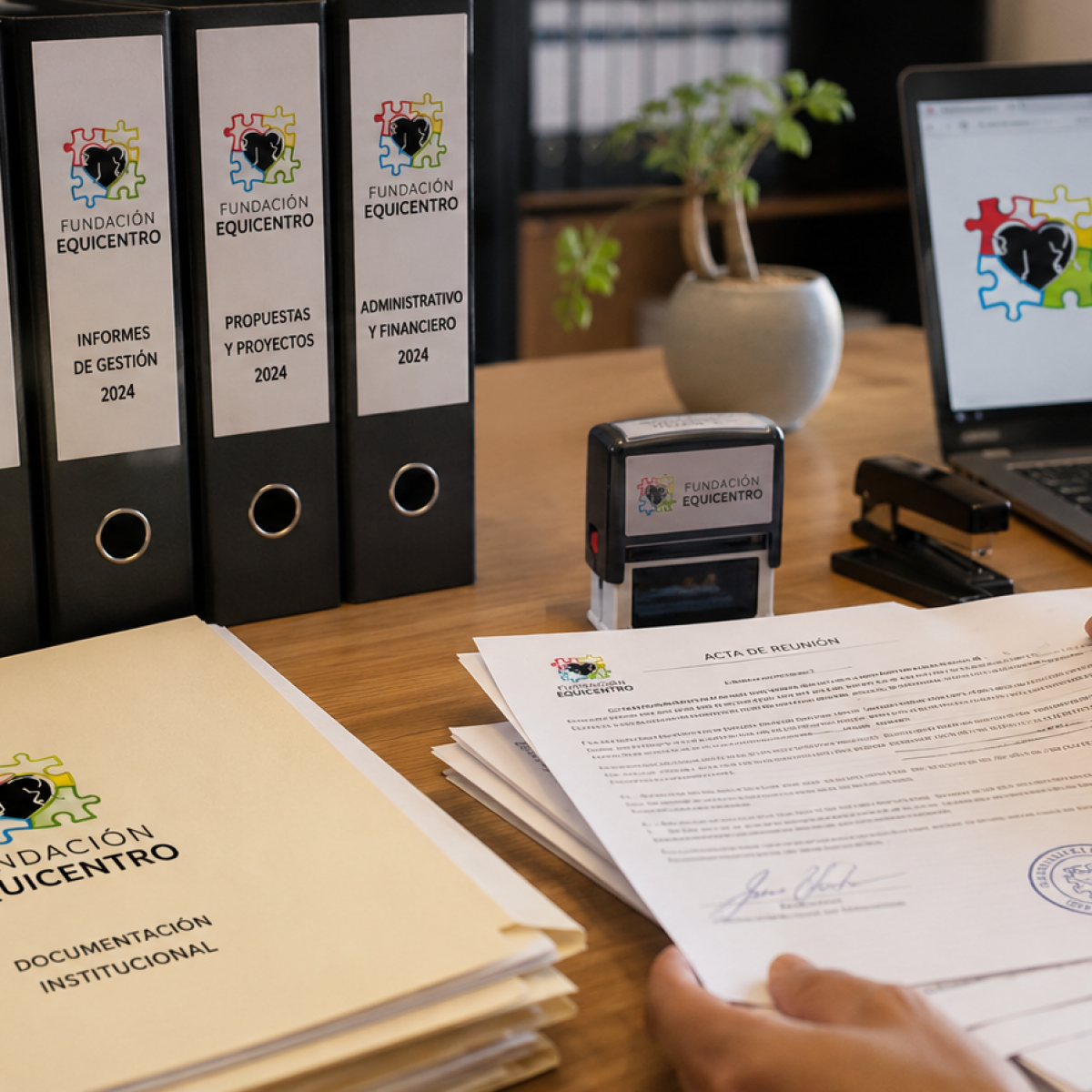 Documentos oficiales impresos y carpetas de la Fundación Equicentro sobre un escritorio de madera, representando el trabajo administrativo y legal en Pencahue.