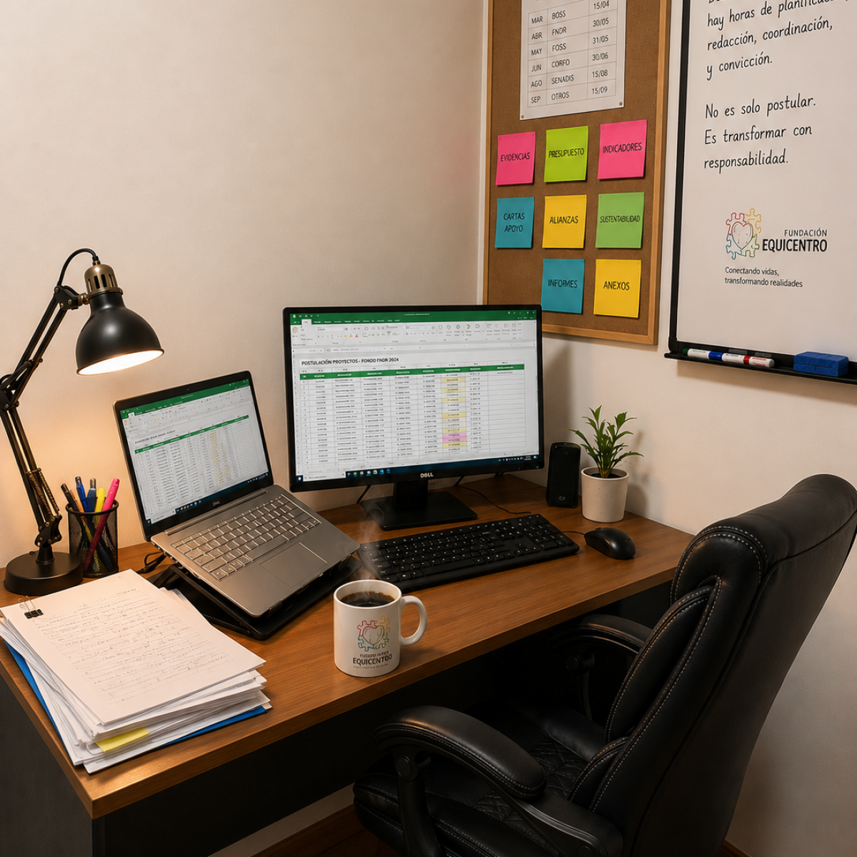 Una mesa de trabajo llena de carpetas, un computador con planillas Excel abiertas y una taza de café humeante en la oficina de la Fundación Equicentro.