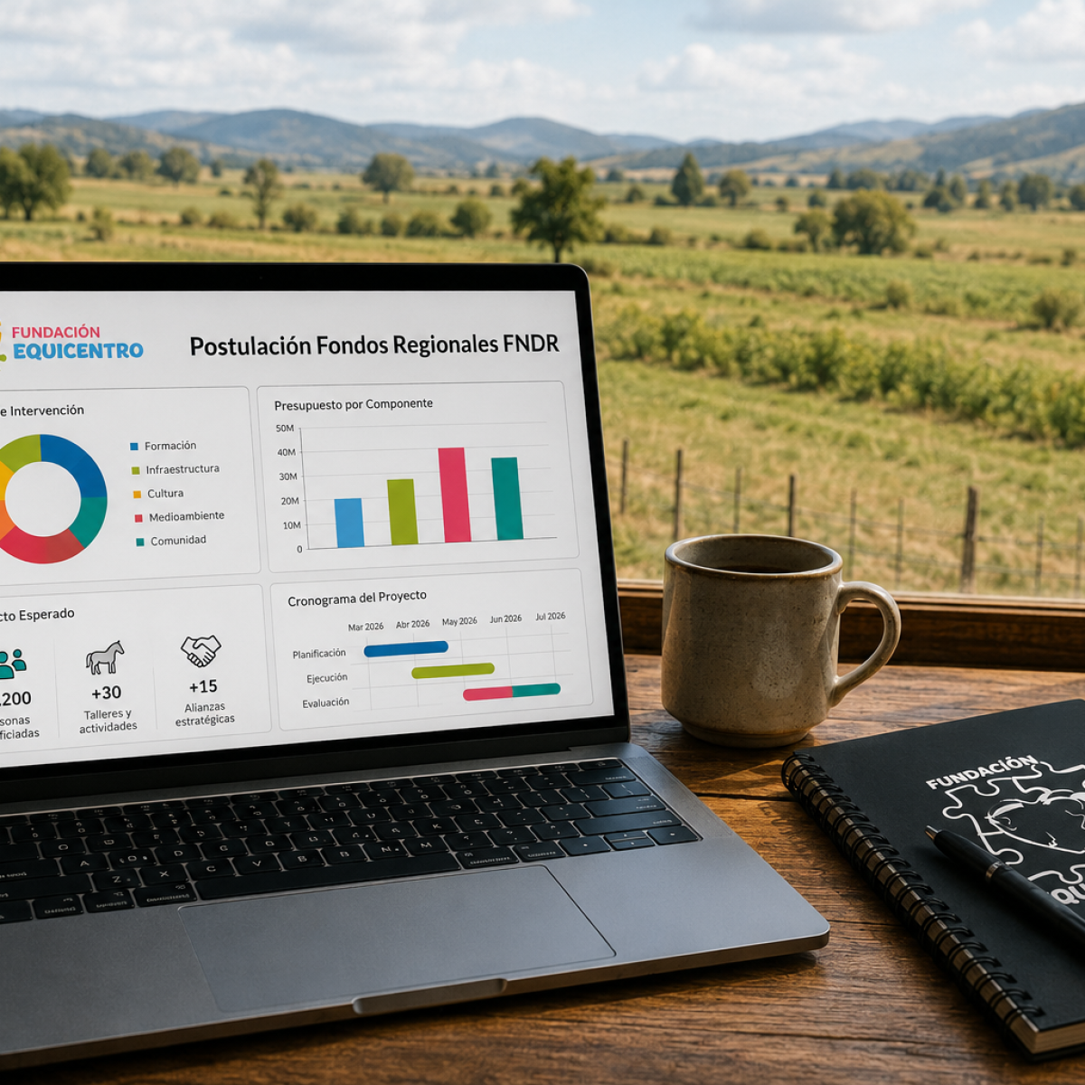 Computador portátil abierto mostrando gráficos de proyectos sobre un mesón de madera, con una ventana de fondo que da hacia los campos de Pencahue.